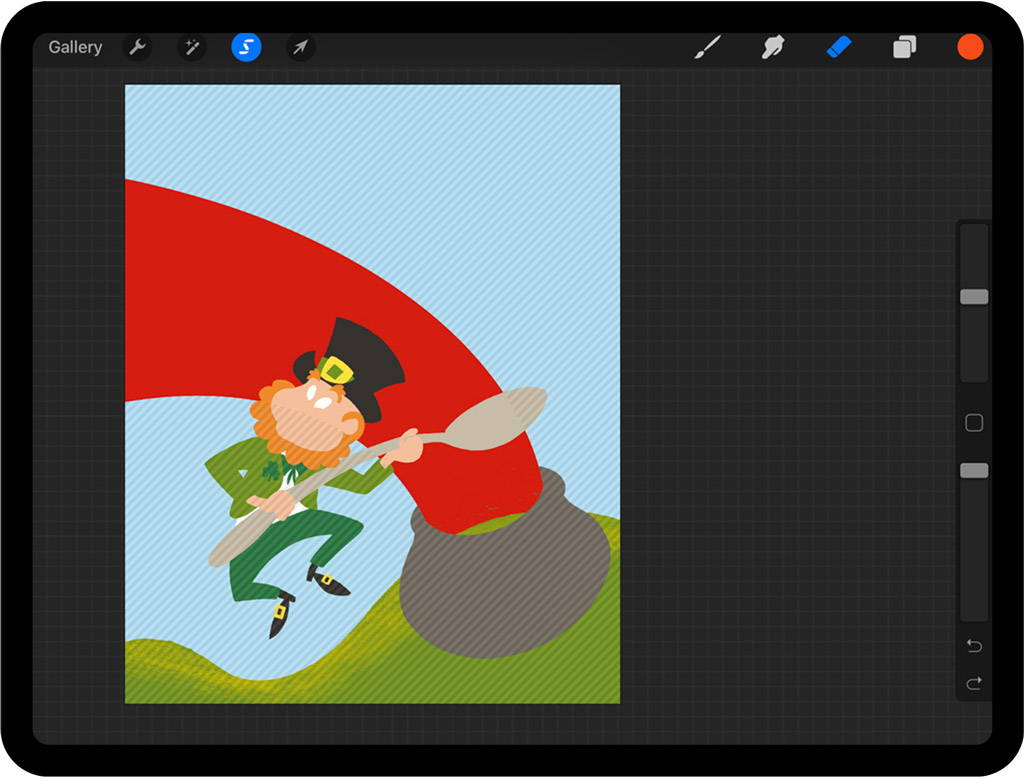 Red block of color selected on rough coloring of leprechaun in Procreate on iPad