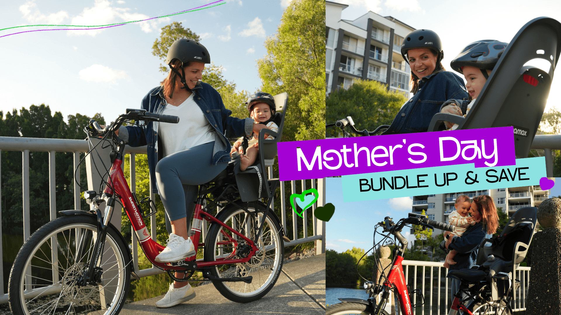 Mother and child biking together for Mother's Day promotion.
