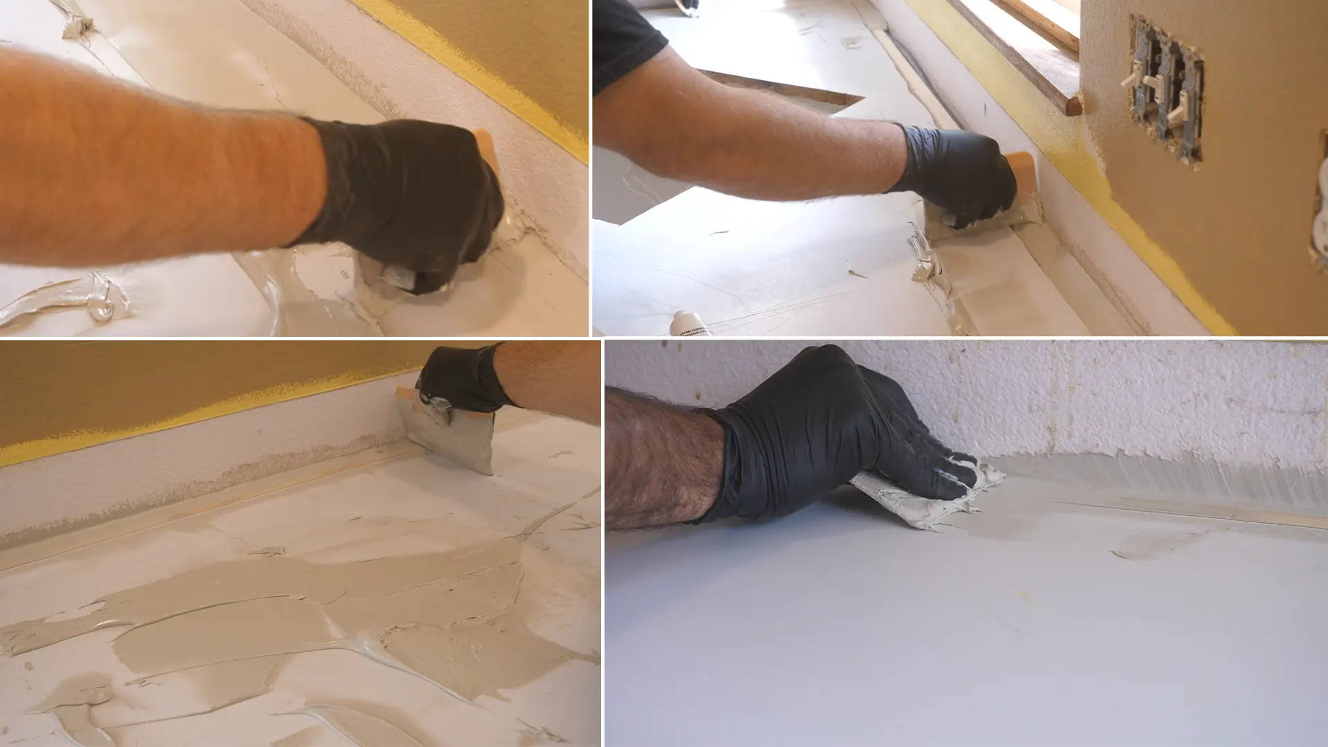 Applying Bondo to fill gaps for a seamless transition from countertops to the wall using a Bondo spreader.