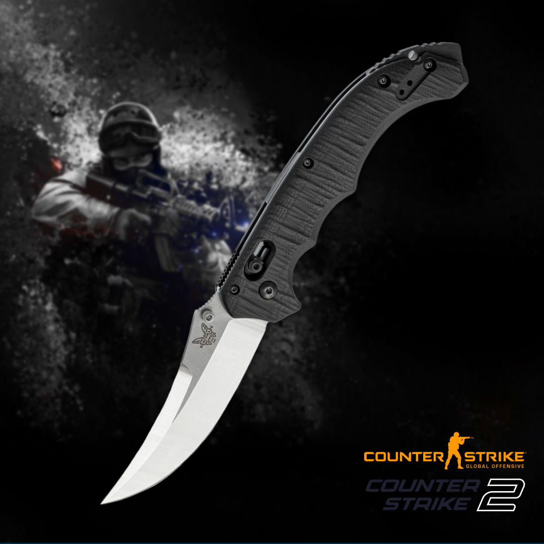 A sleek knife with a curved blade against a gaming background.