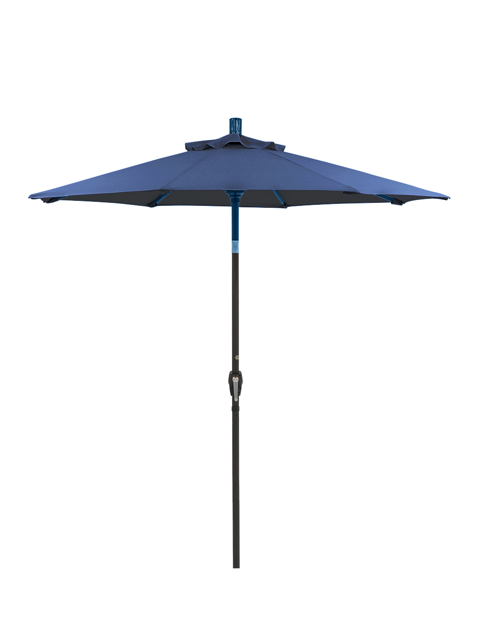 A blue patio umbrella with a black pole.