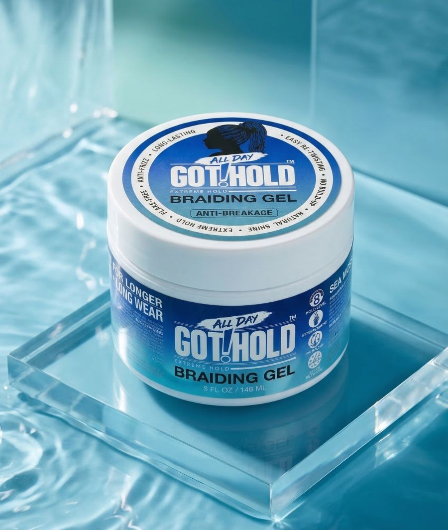 Container of Got2b Got Hold Braiding Gel on a reflective surface.