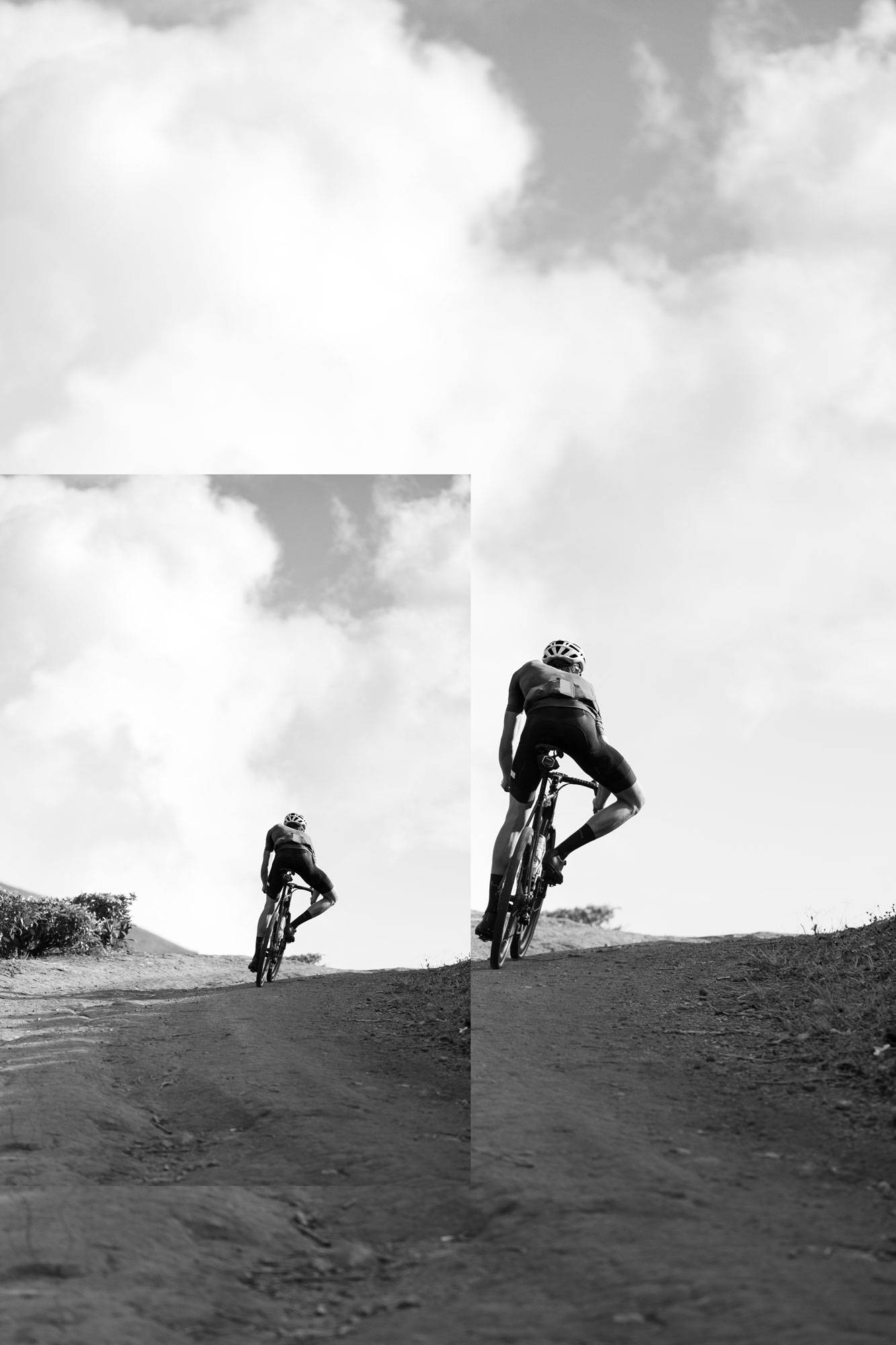 Marin riding his bike in black and white