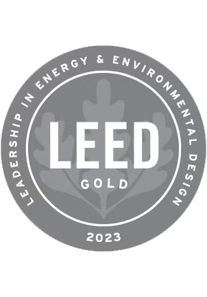 LEED Gold certification badge for leadership in energy and environmental design, 2023.