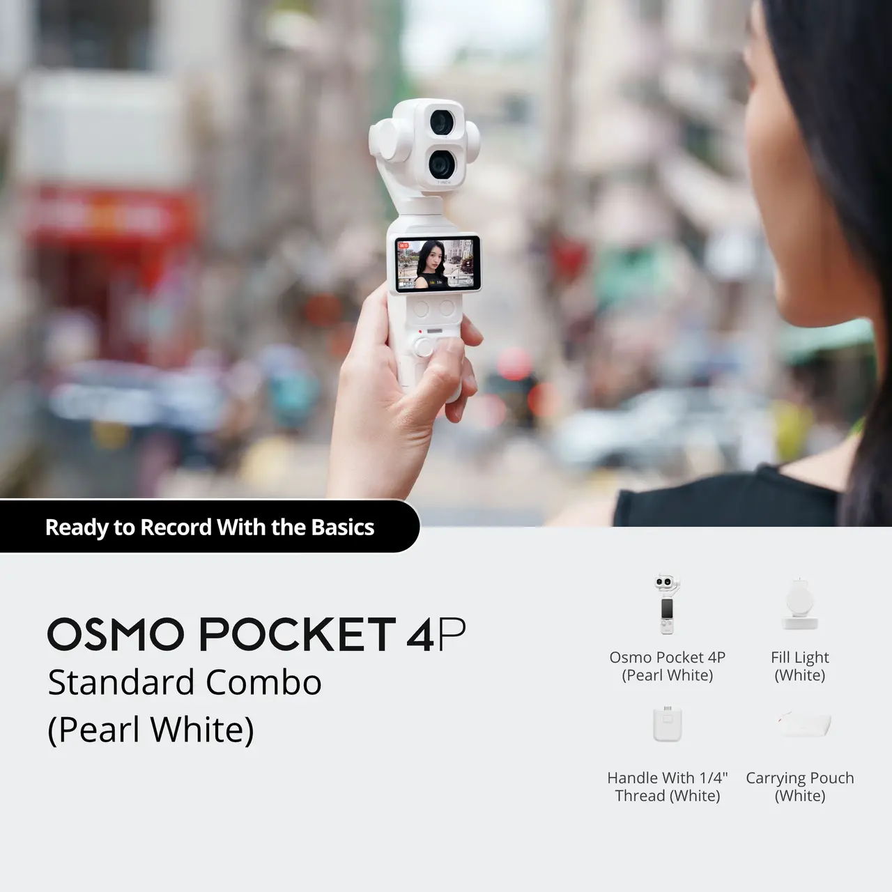 Person holding Osmo Pocket 4P camera in a city setting.