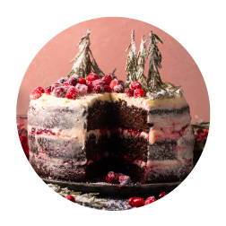 Layred chocolate cake with icing topped with berries
