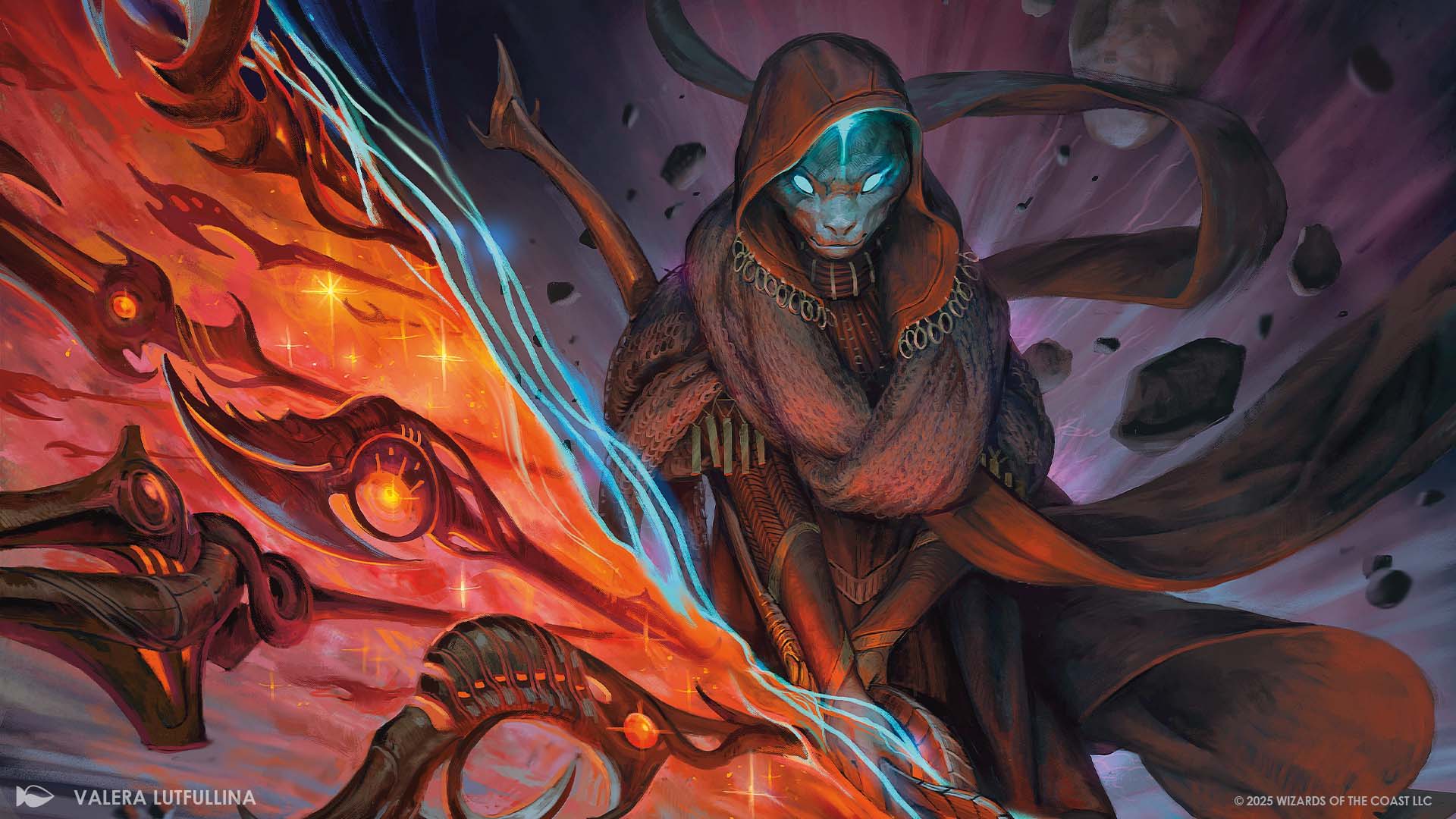 A cloaked figure from the Edge of Eternities Commander deck wielding a glowing weapon amidst a colorful, dynamic background.