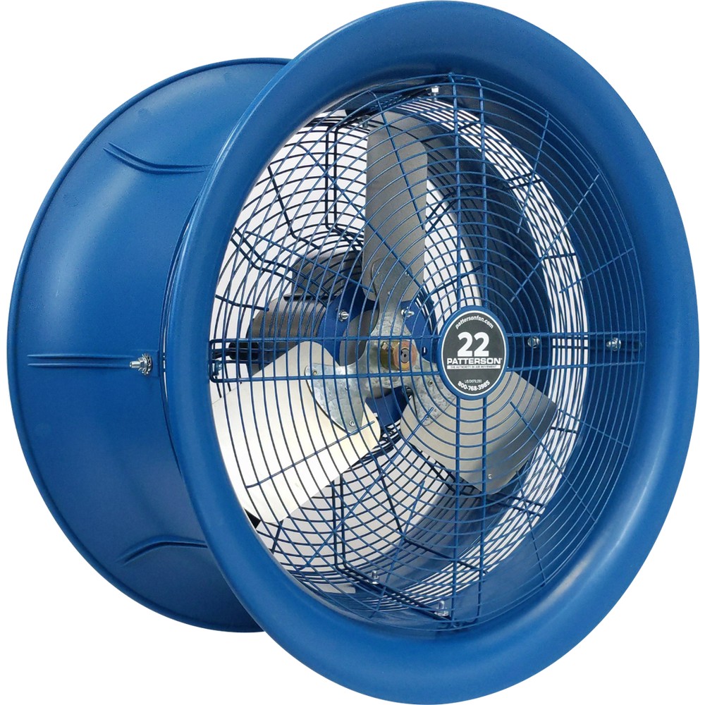 Blue industrial fan with a large circular frame and visible blades.