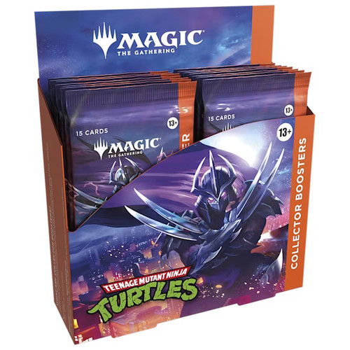 Display box of Magic: The Gathering Turtles collector booster packs.