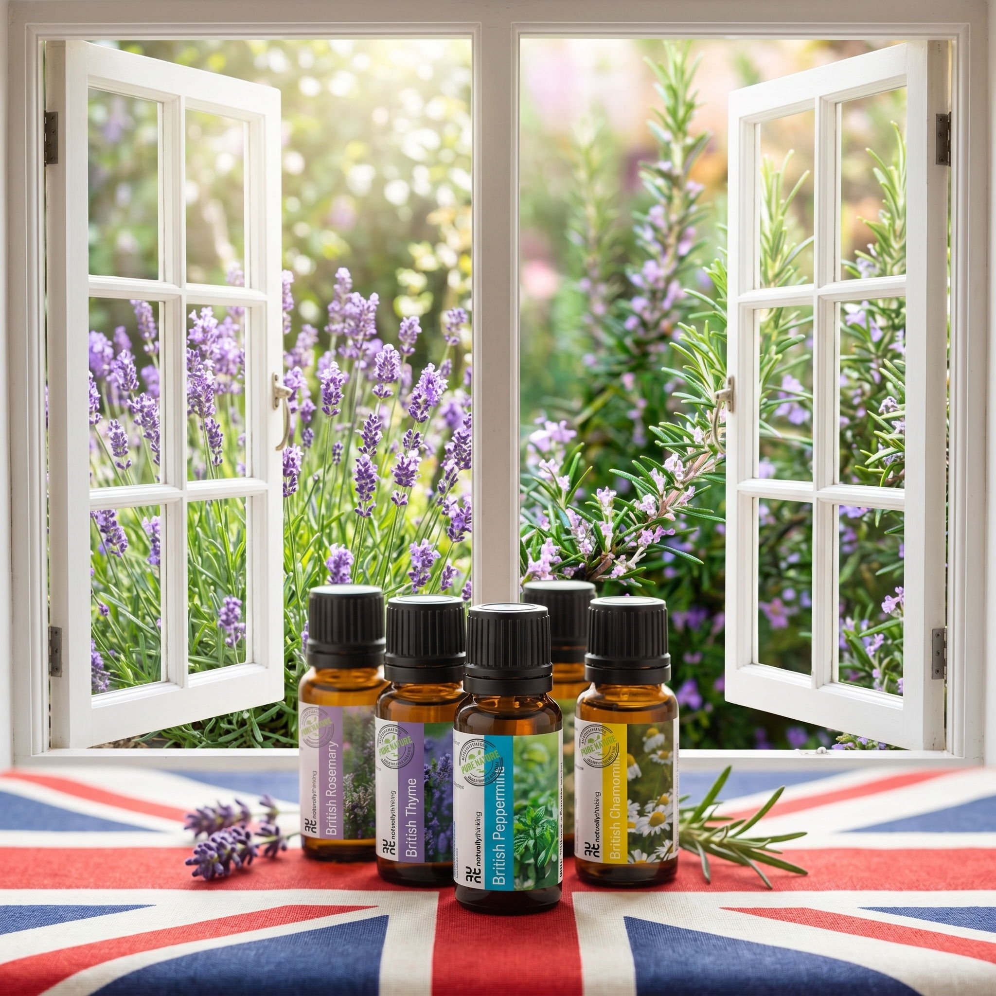 Bottles of essential oils in front of an open window with lavender view.