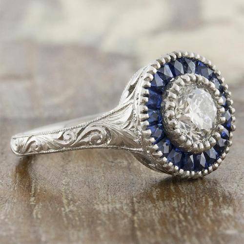 hand carved sapphire halo ring with milgrain & filigree