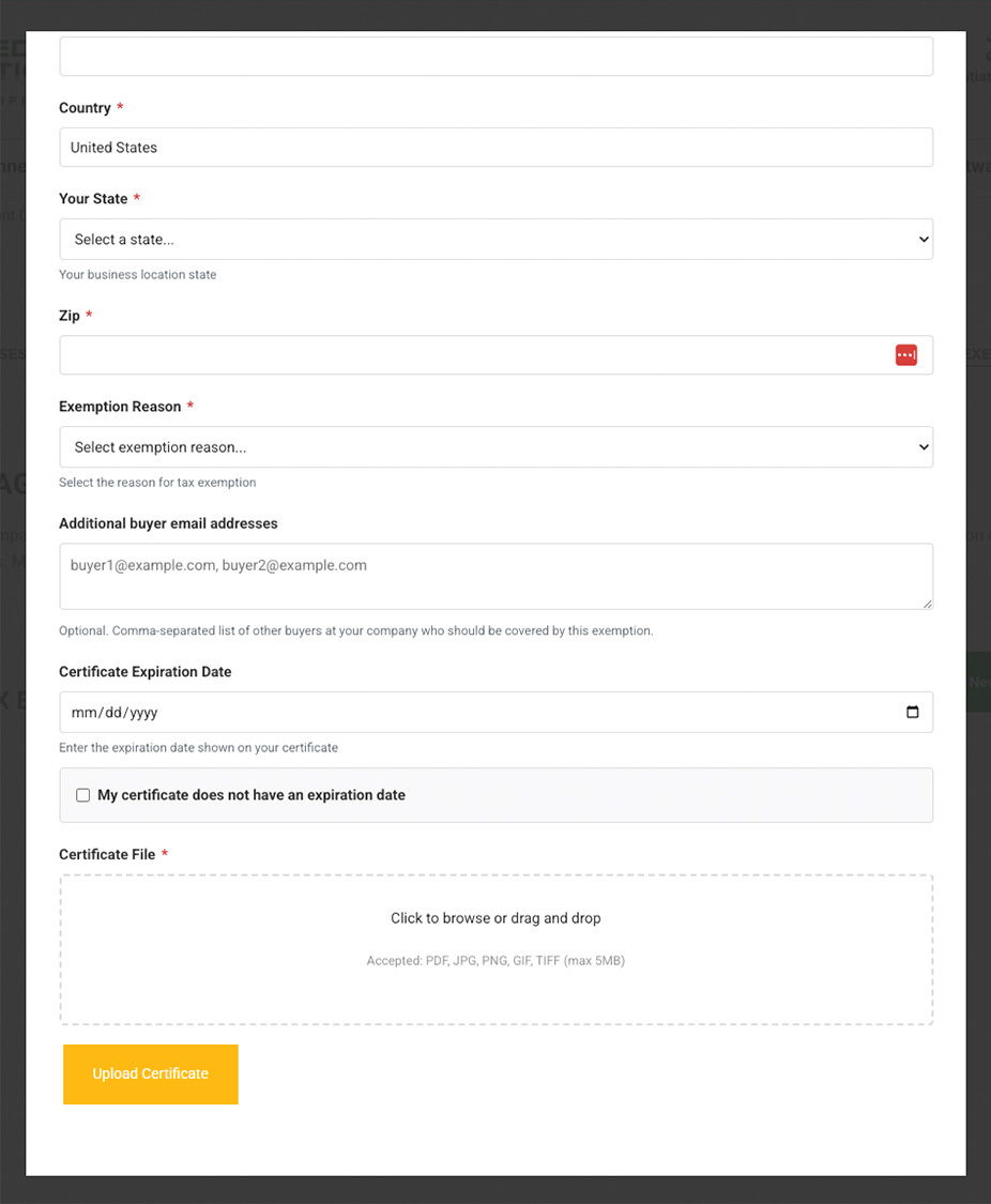 Form fields for submitting a certificate application.