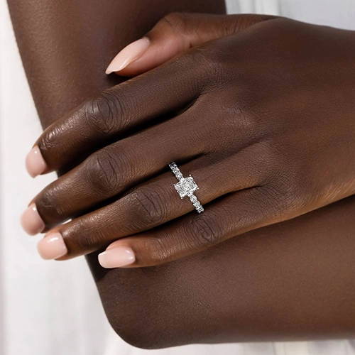Woman wearing a lab grown diamond accented engagement ring by MiaDonna