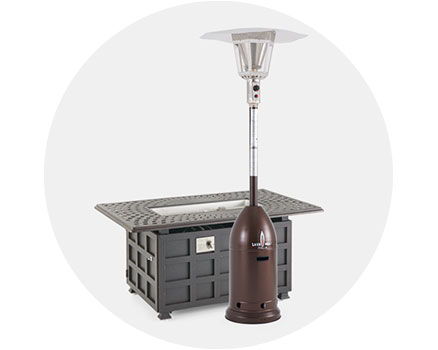 Outdoor patio heater next to a storage table.