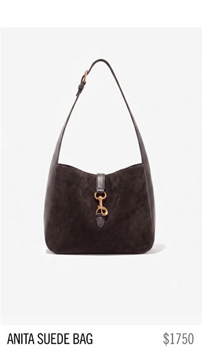 A dark suede shoulder bag with a gold clasp. Price: $1750.