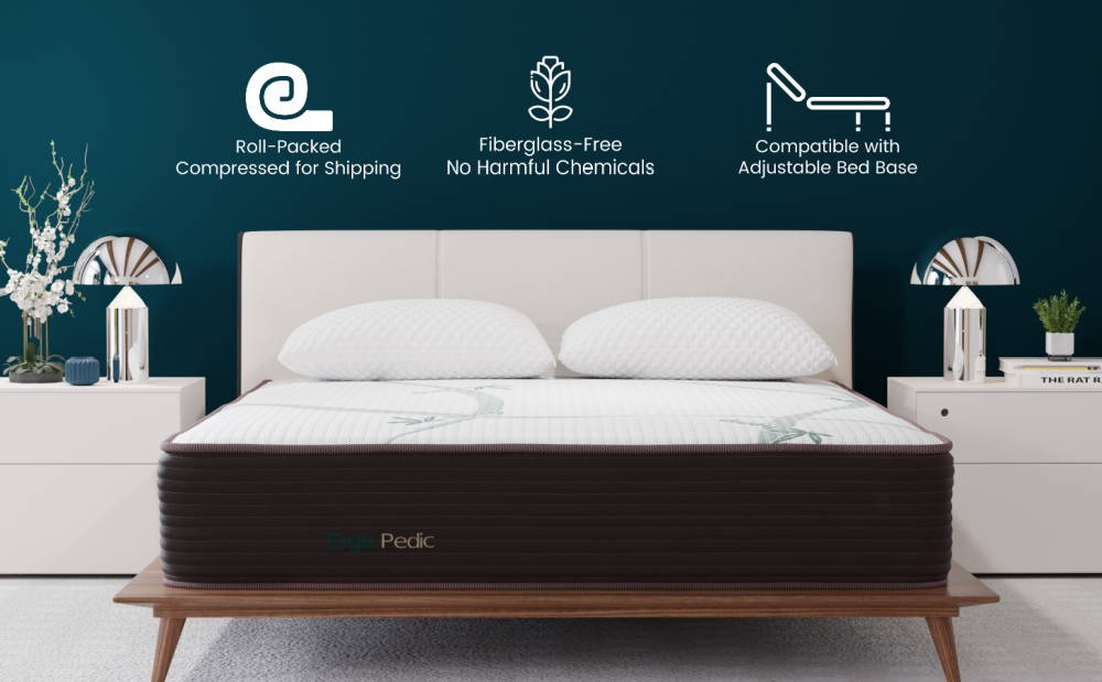 Mattresses by Ergo-Pedic are roll-packed and compressed for shipping, fiberglass-free with no harmful chemicals, and are compatible with adjustable bases.