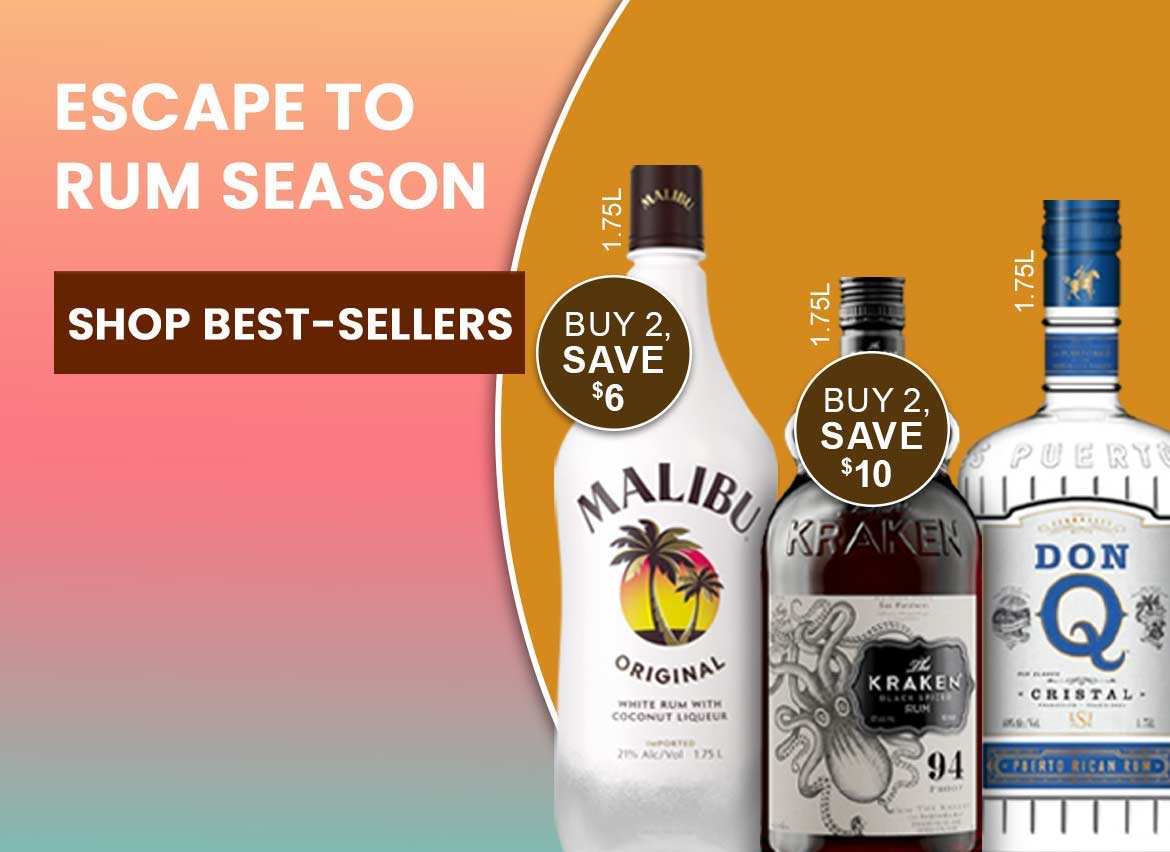 Three rum bottles with promotional text for shopping best-sellers.