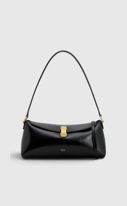 Black leather handbag with a gold clasp and a shoulder strap.