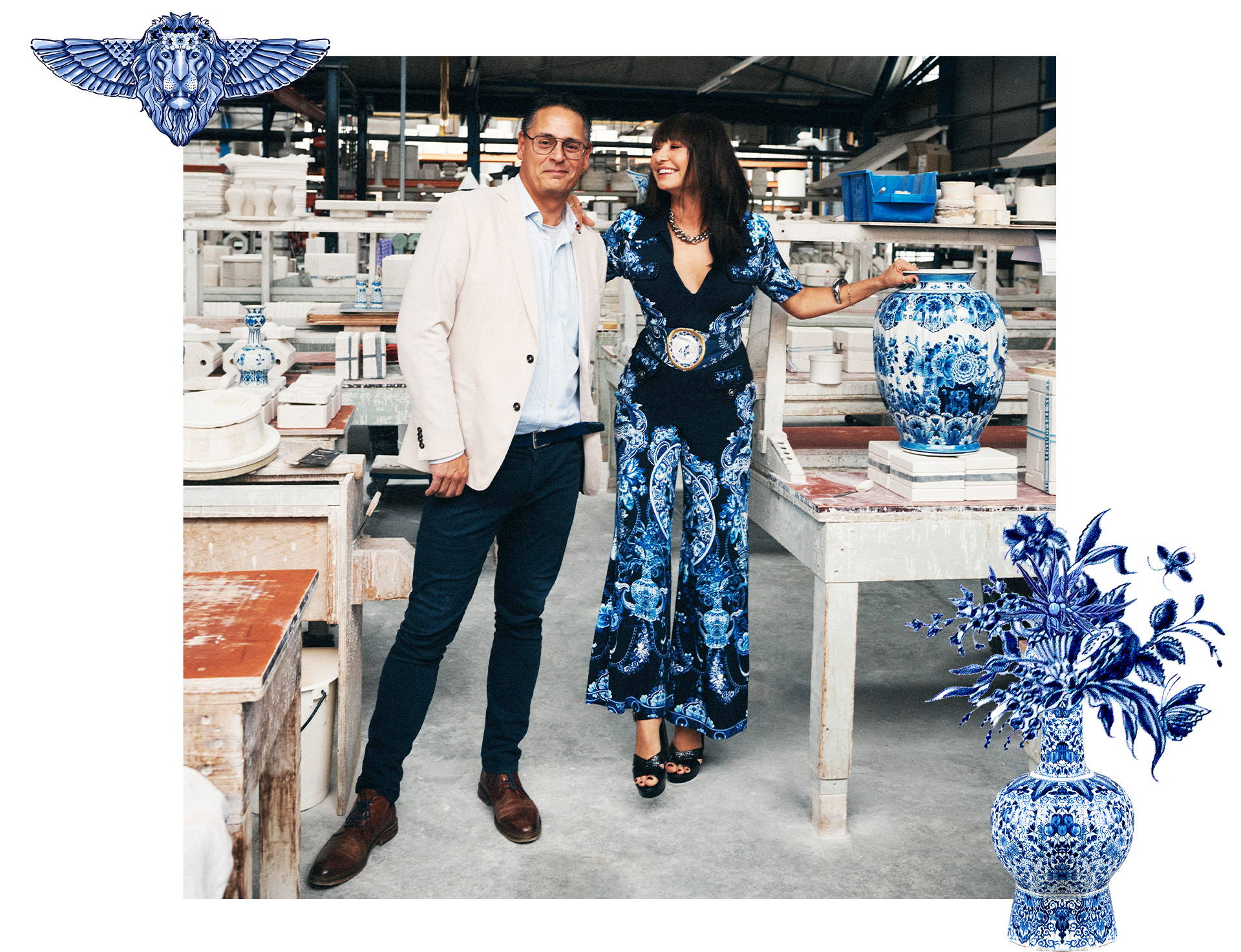 PHOTO OF CAMILLA FRANKS AND ROYAL DELFT DESIGN MANAGER JOFFERY WALONKERN