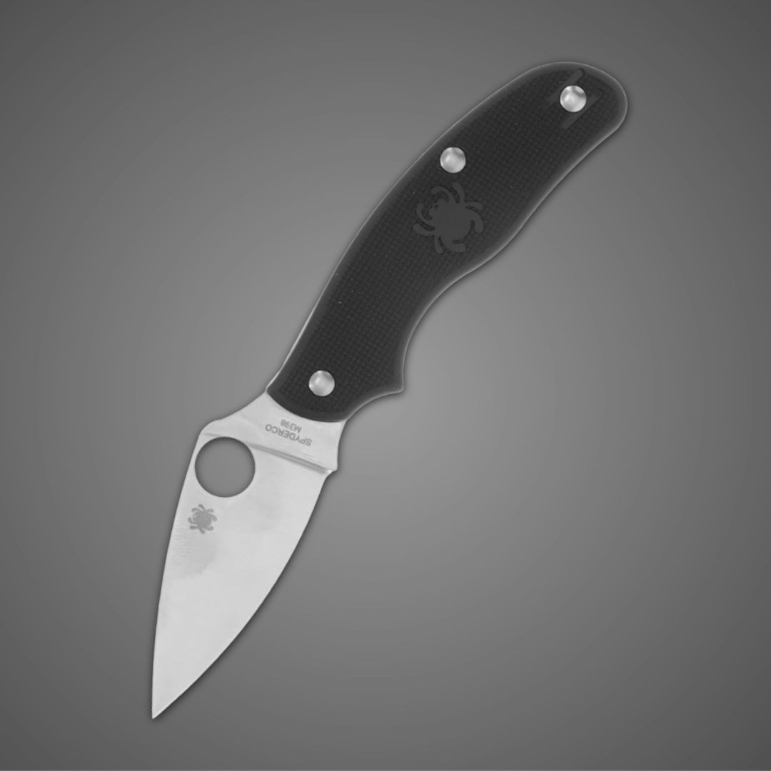 A sleek folding knife with a black handle and stainless steel blade.