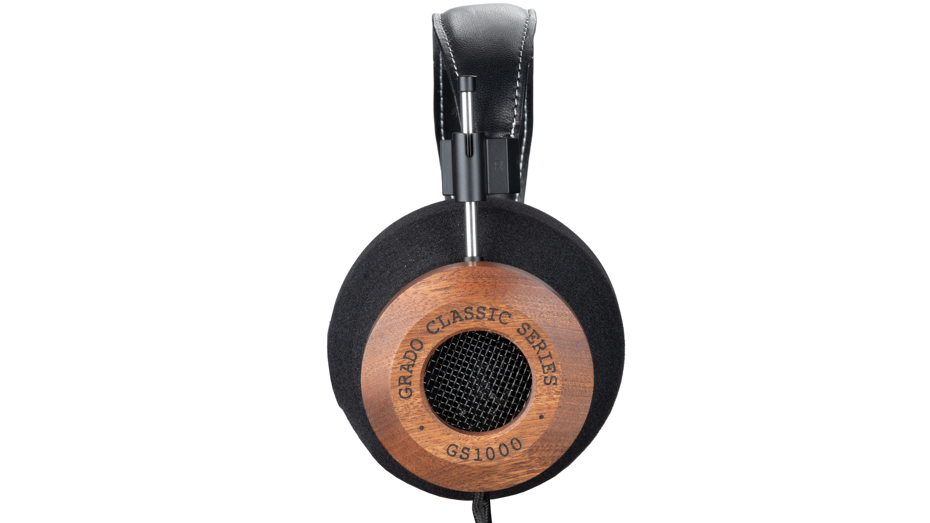 Photo of Grado GS1000 Headphones taken from the side - the words - Grado Classic Series - and - GS1000 - can be seen on the ear cup.