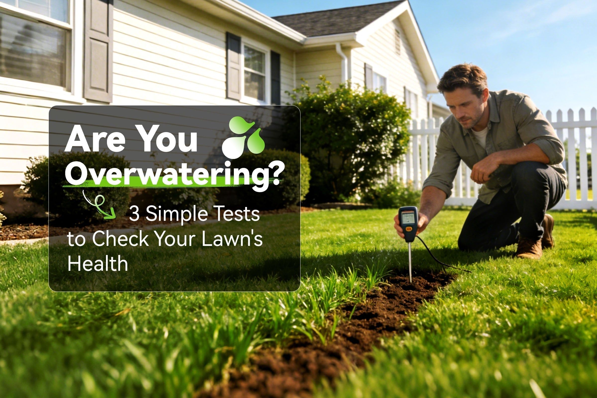 Person checking lawn health with text about overwatering and testing methods.