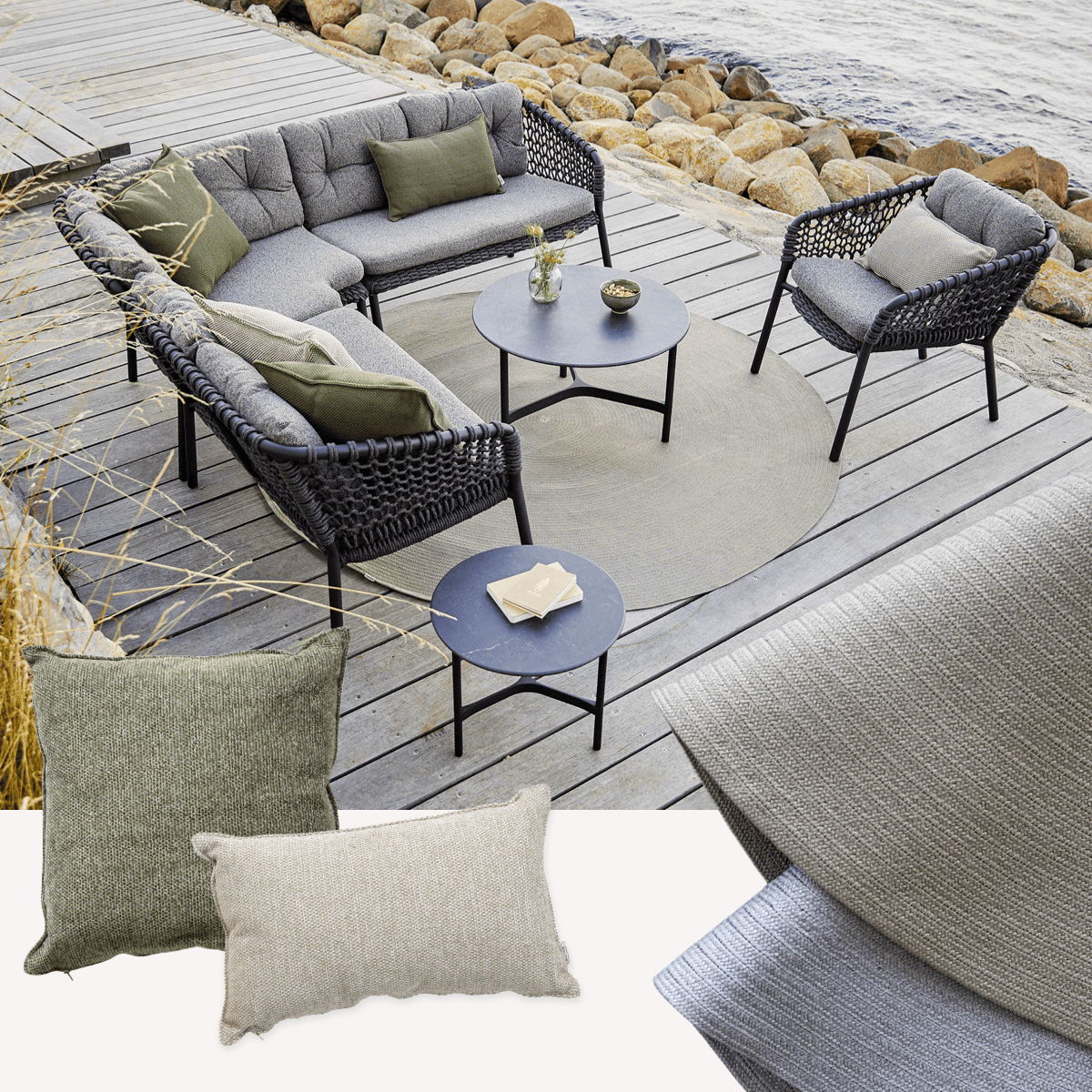 Coastal outdoor lounge with woven rope seating, round outdoor rugs, textured performance pillows, and a black metal table illustrating textiles layered against hardscape.