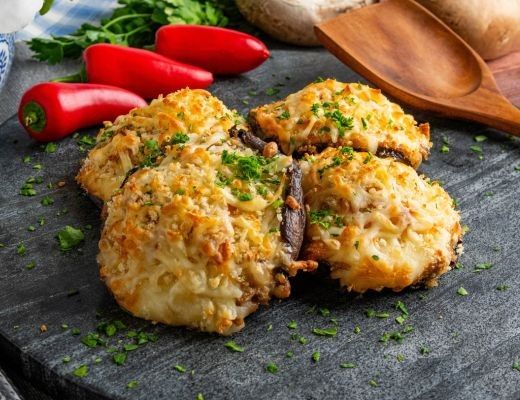 Baked chicken thighs garnished with herbs, served with red peppers and wooden utensils.
