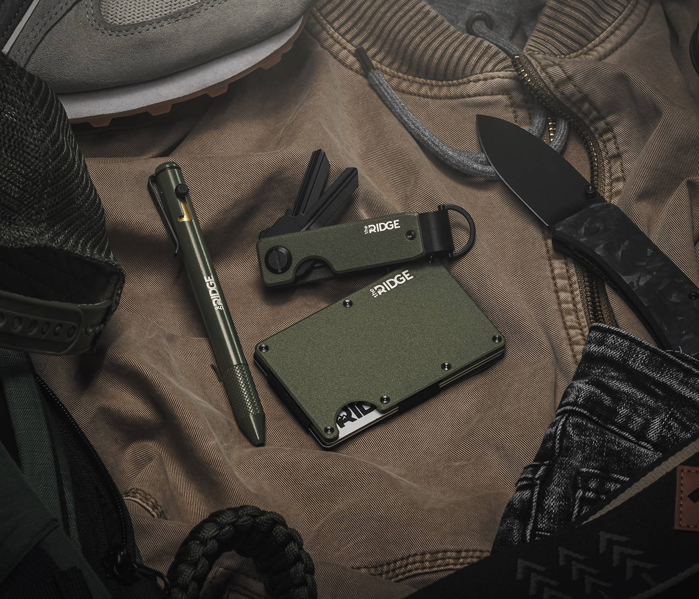 Matte Olive Ridge wallets, keycases and pens for everyday carry