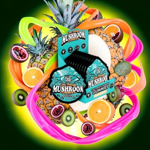 Colorful arrangement of fruits and mushroom product packaging on a vibrant background.