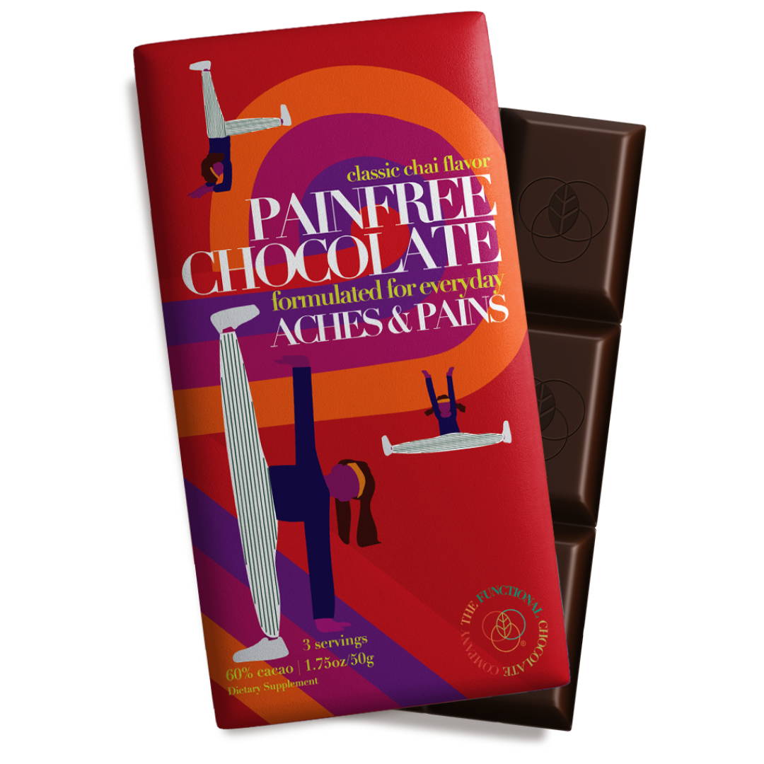 a bar of chocolate with a red and orange cover from the Functional chocolte company