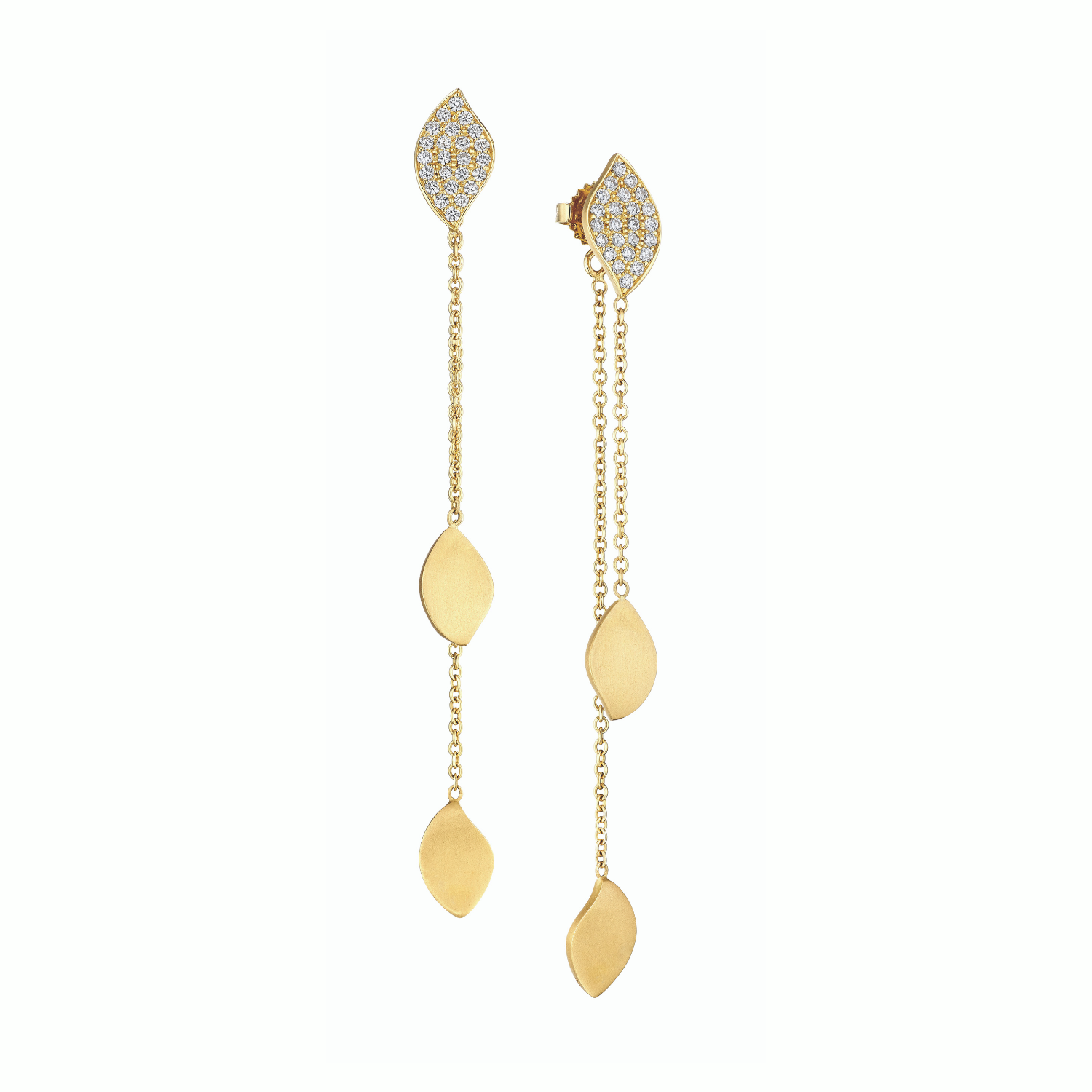 pave dangle leaf earrings in yellow gold with satin finish
