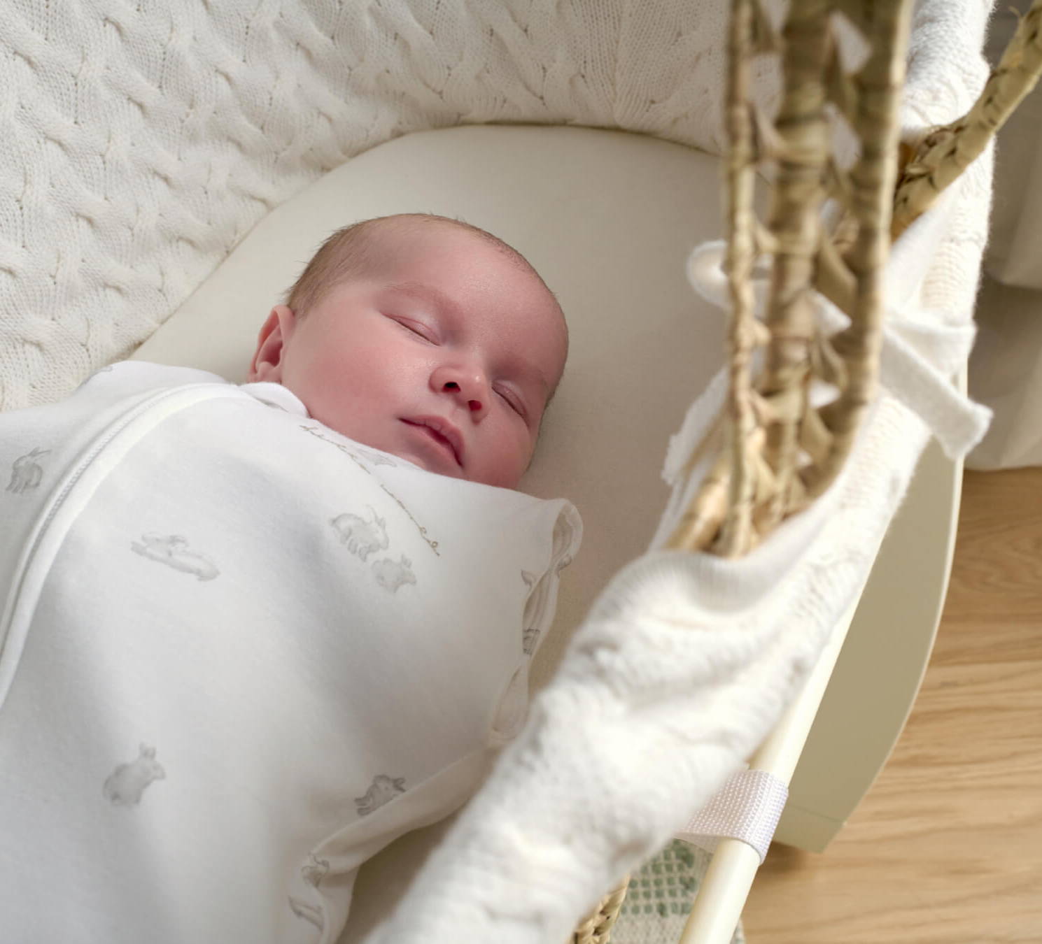 A sleeping baby in a cozy bassinet.