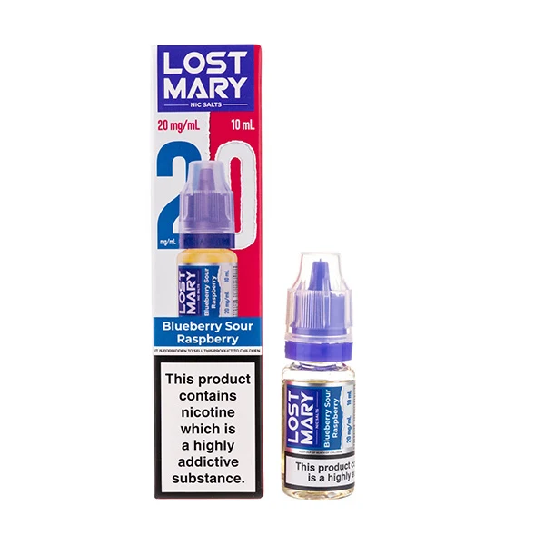 E-liquid bottle for vaping, blueberry sour raspberry flavor, with warning label.