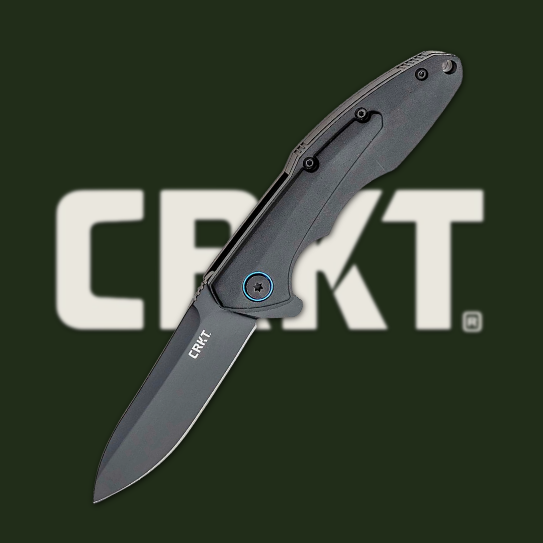 Folding knife with a black blade and textured handle, featuring CRKT branding.