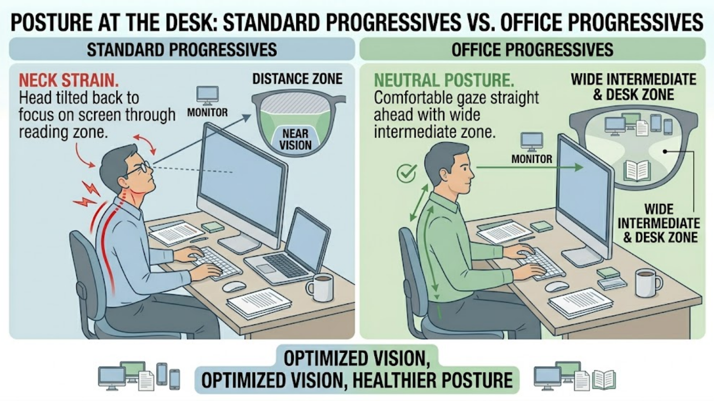 Comparison showing posture strain with standard progressive lenses versus natural posture with office progressive lenses at a desk.