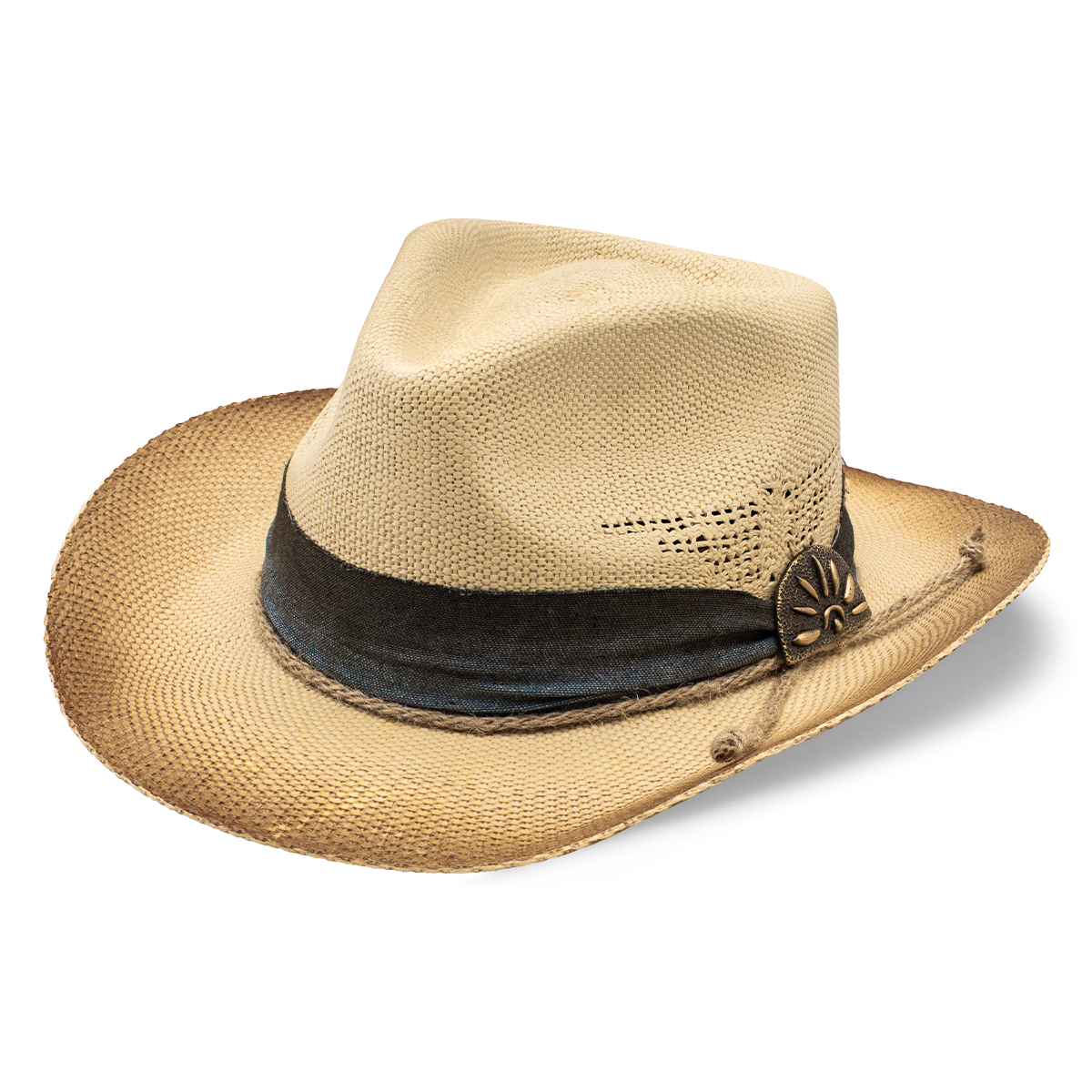 A straw cowboy hat with a black band and decorative emblem.