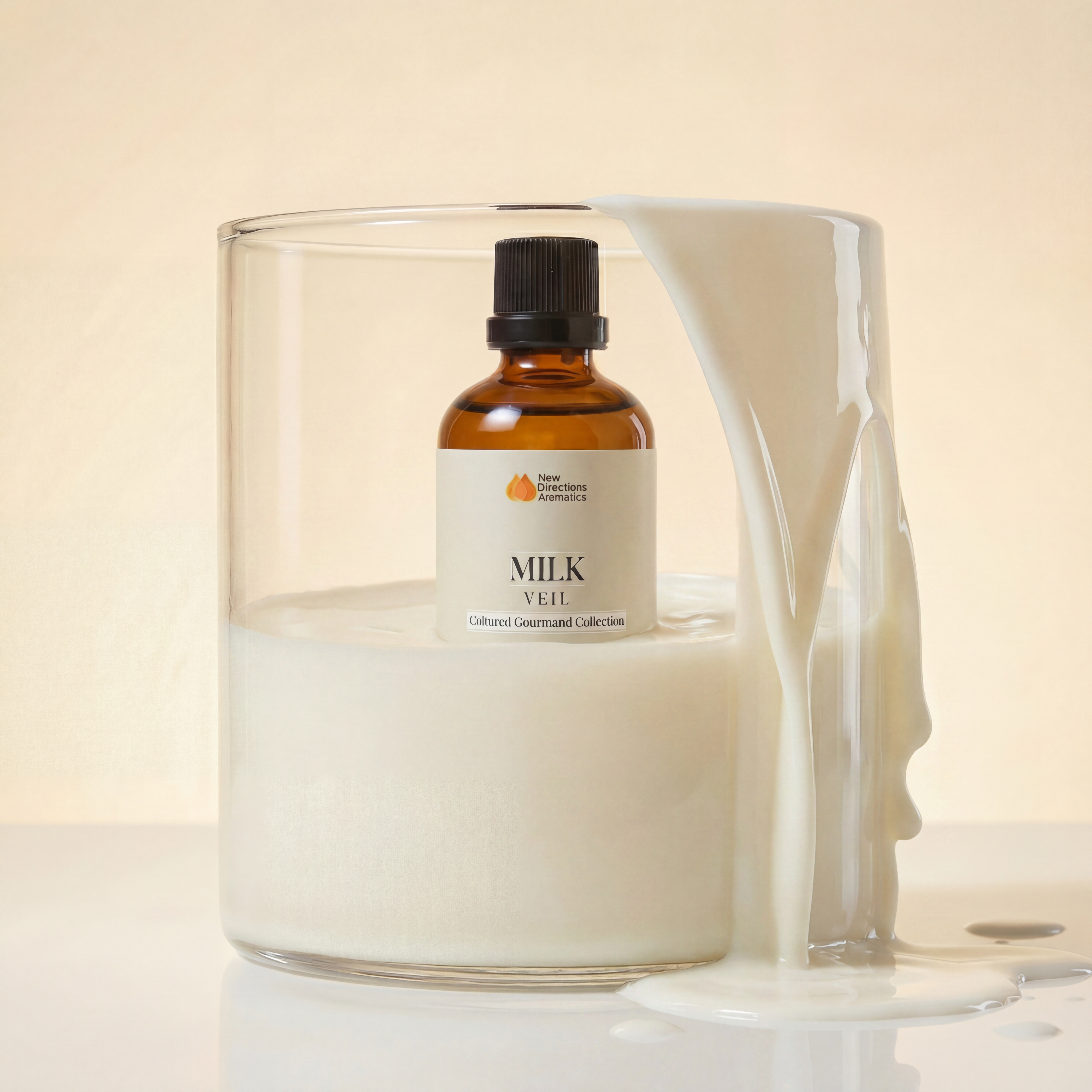 A bottle in a glass filled with white liquid, resembling spilled milk.