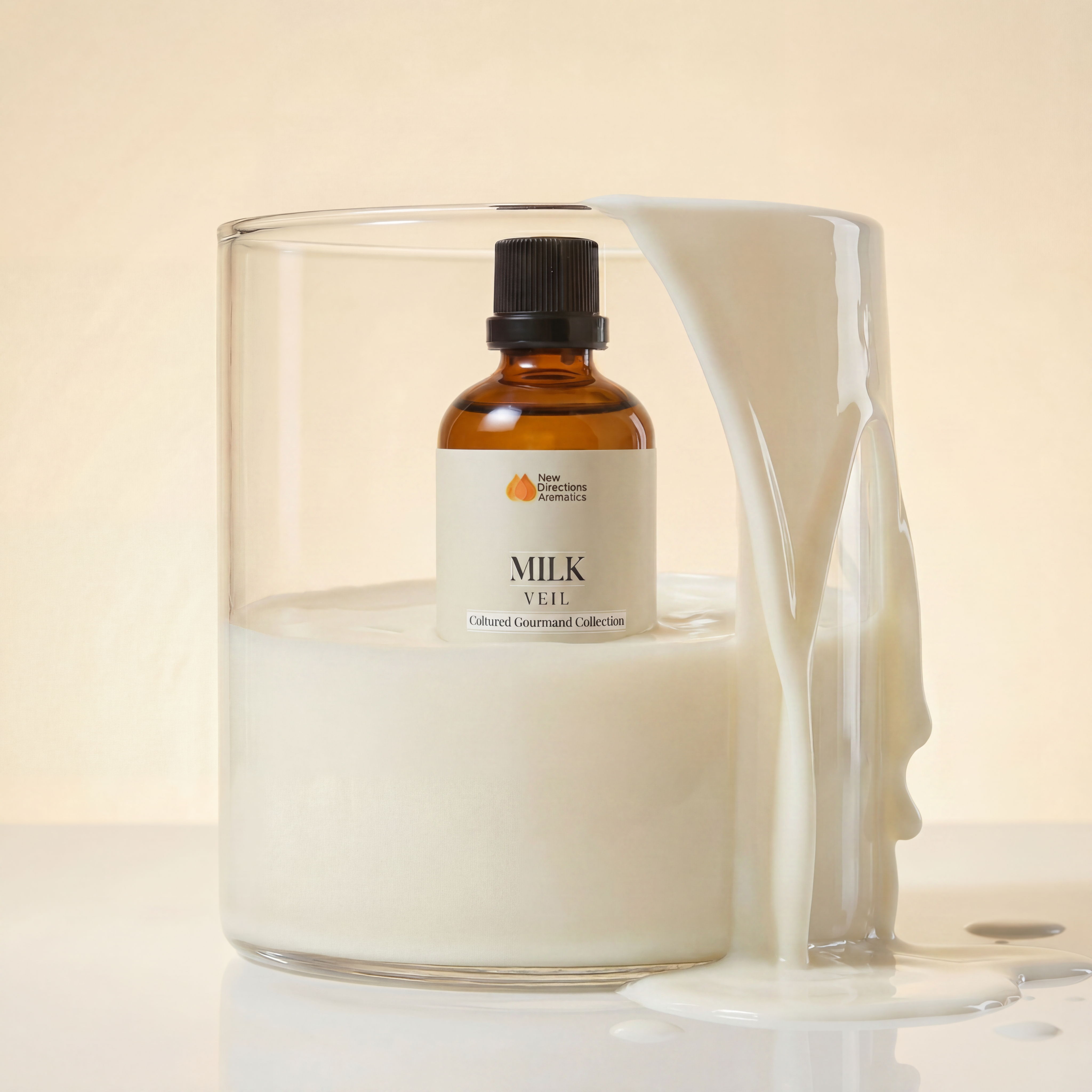 A bottle in a glass filled with white liquid, resembling spilled milk.