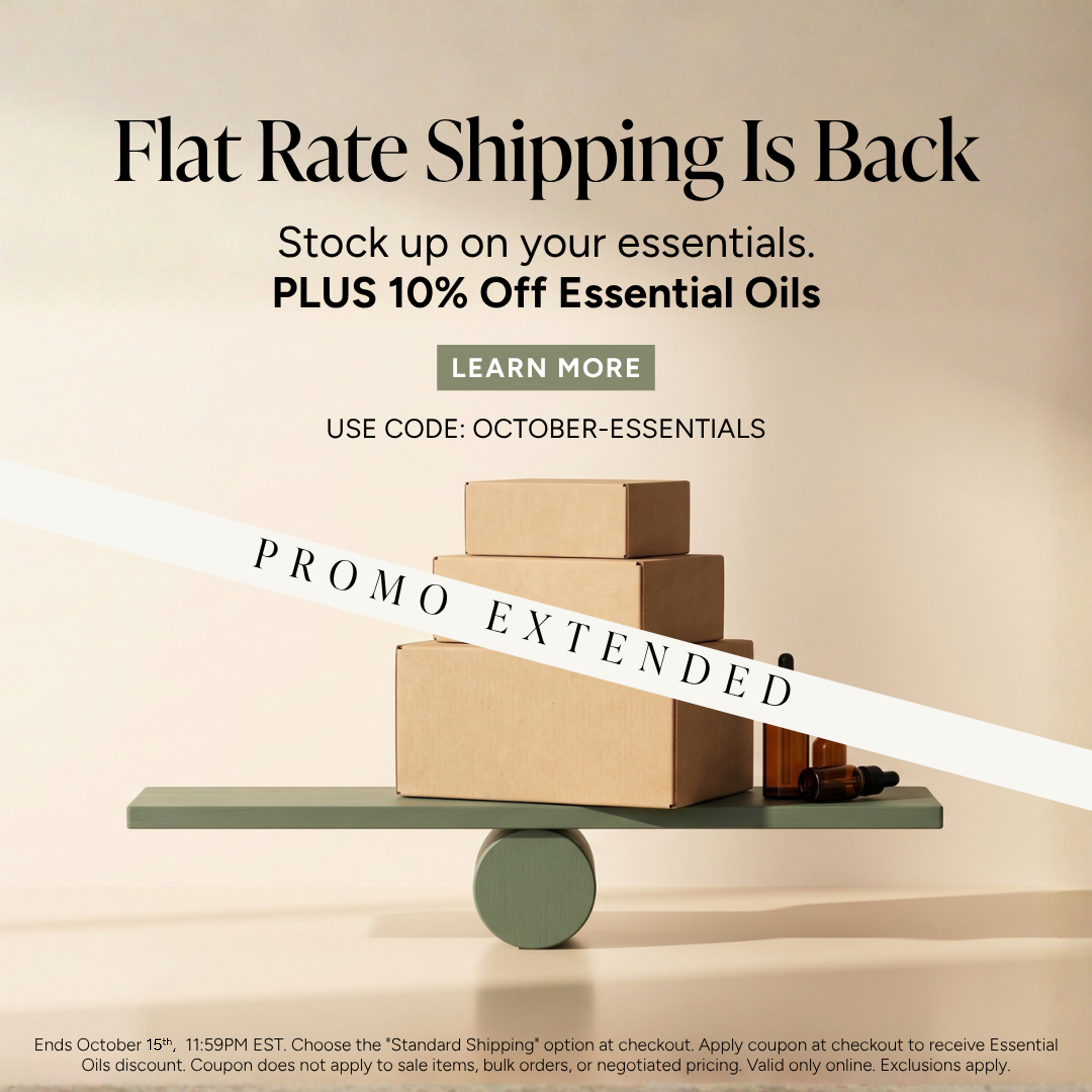 Flat rate shipping promotion with essential oils discount and code information.