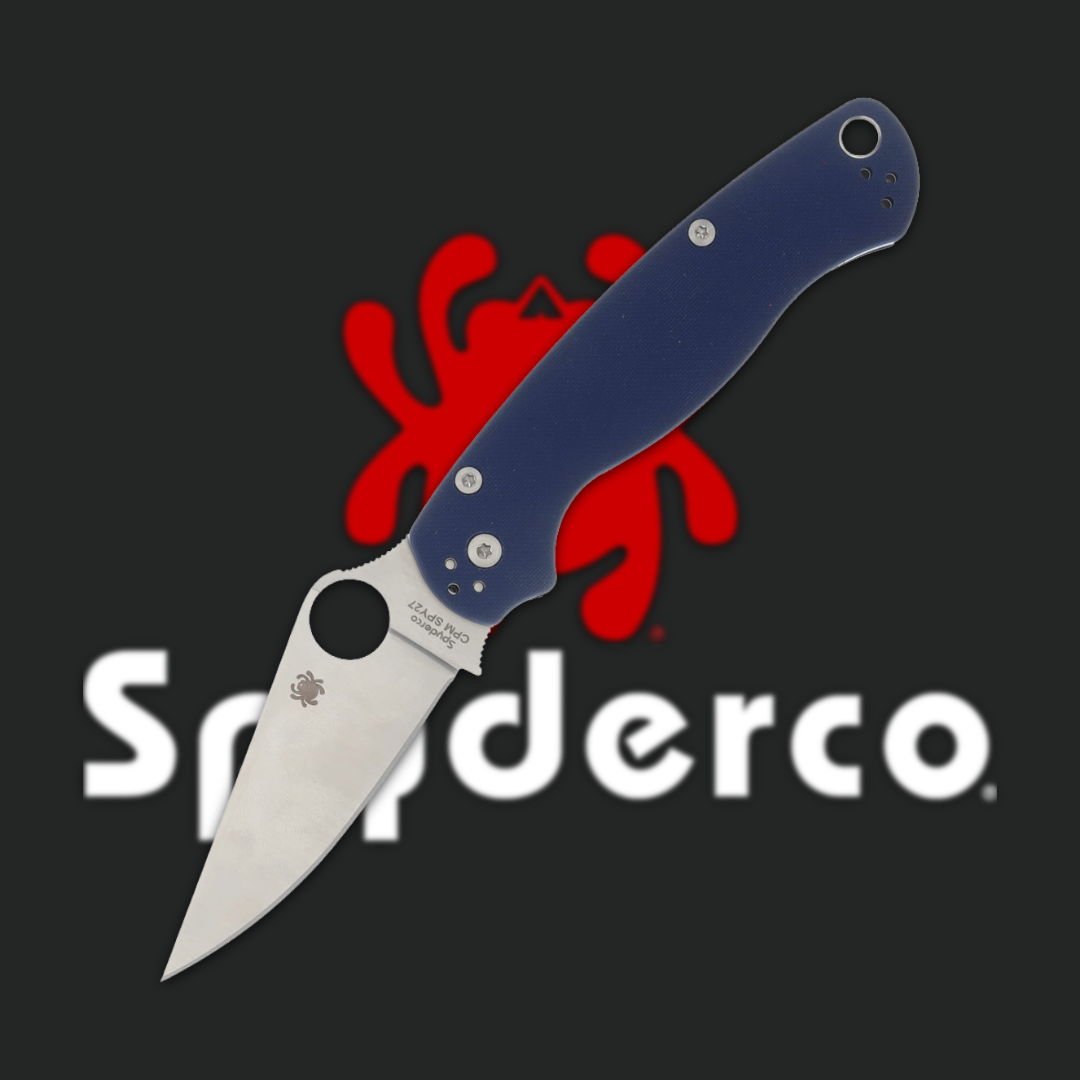 Spyderco knife with blue handle and logo in background.