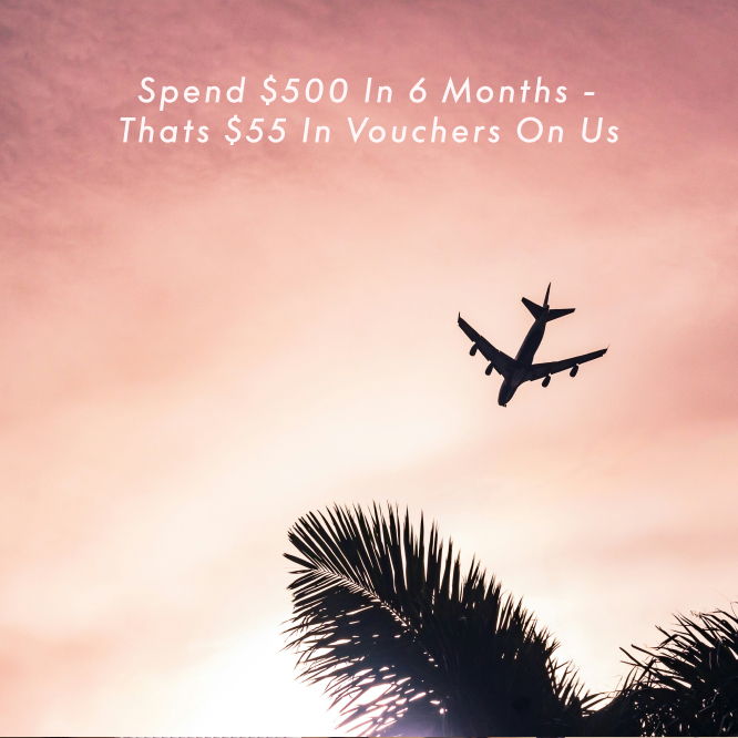 Airplane flying over palm trees with promotional text about vouchers.