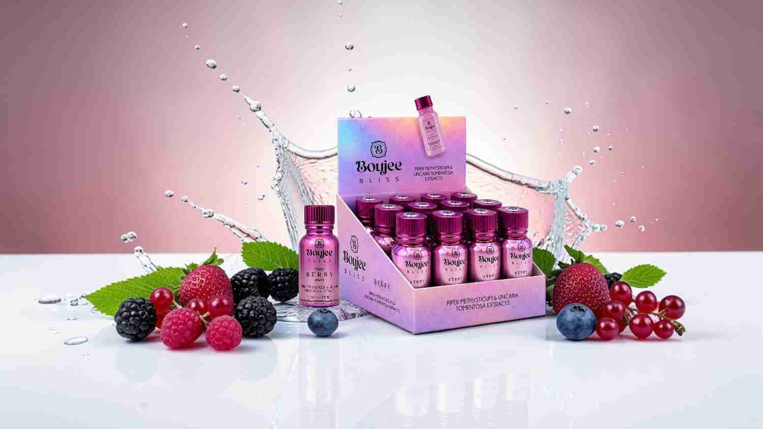 Display of colorful beverage bottles surrounded by fresh berries and water droplets.