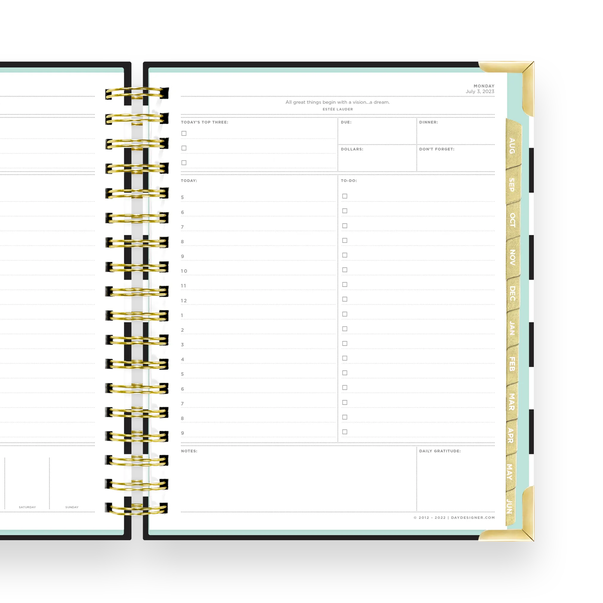 open book planner to show daily page with gold tabs, corners and binding