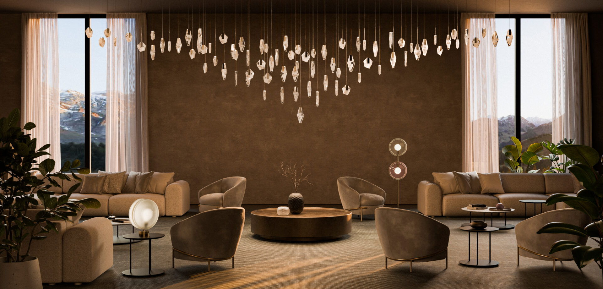 Modern lounge with elegant lighting and cozy seating arrangements.