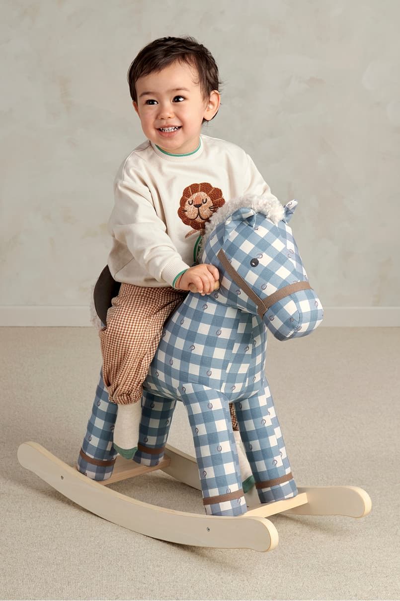 Child smiling while riding a blue and white checkered rocking horse.