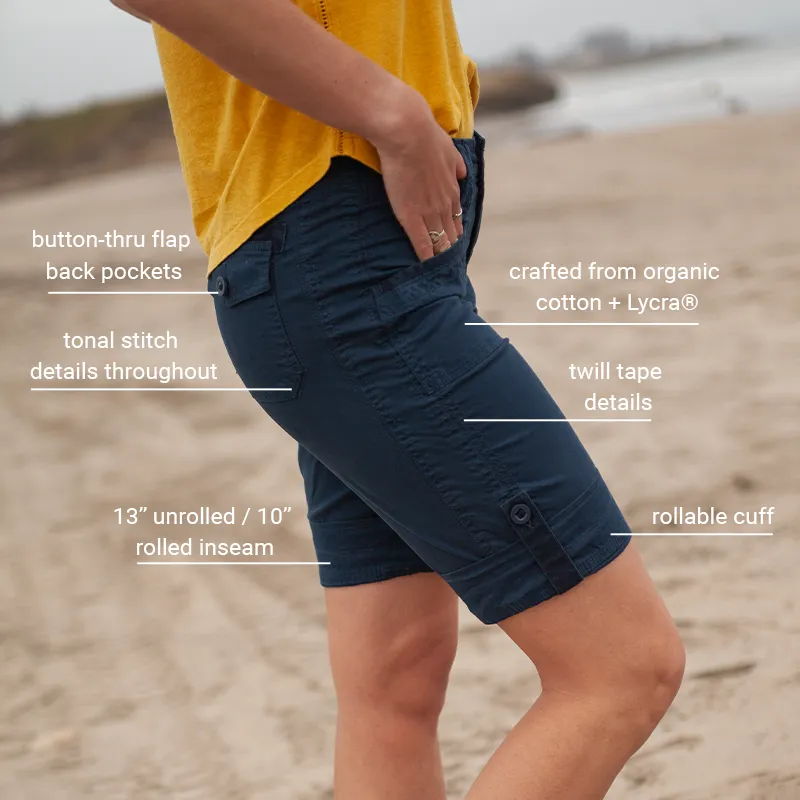 Person wearing yellow shirt and navy shorts, with product details highlighted.