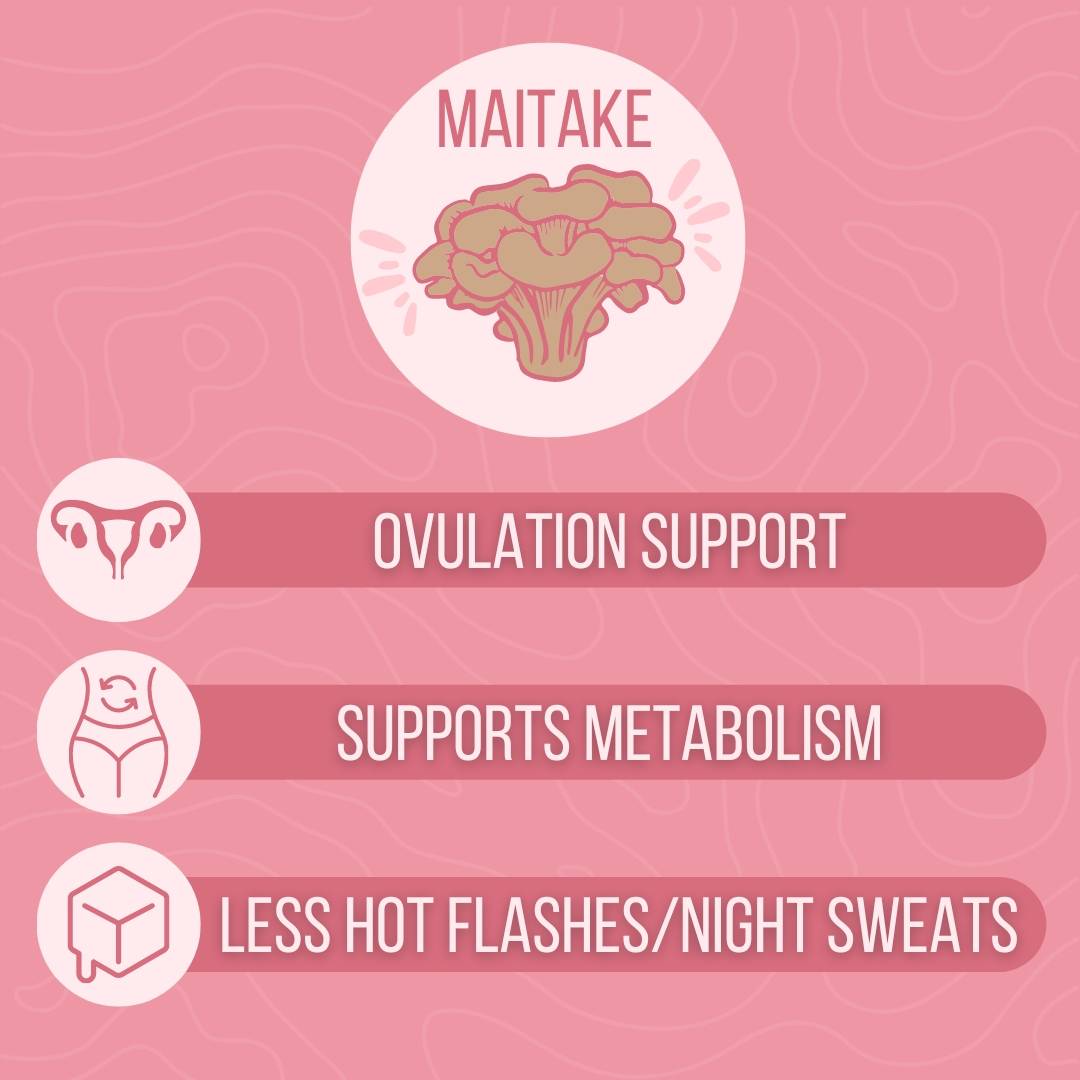 Maitake Mushroom Infographic, pink themed. Ovulation support, supports metabolism, less hot flashes and night sweats