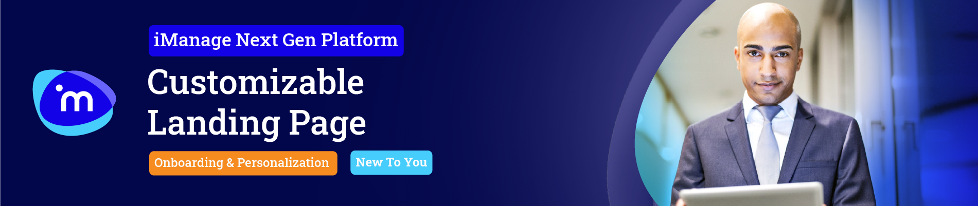 Person in a suit with a customizable landing page advertisement.
