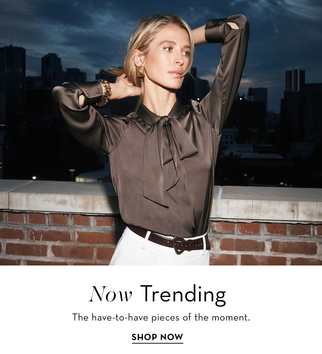 Model wearing a stylish outfit against a city skyline backdrop.
